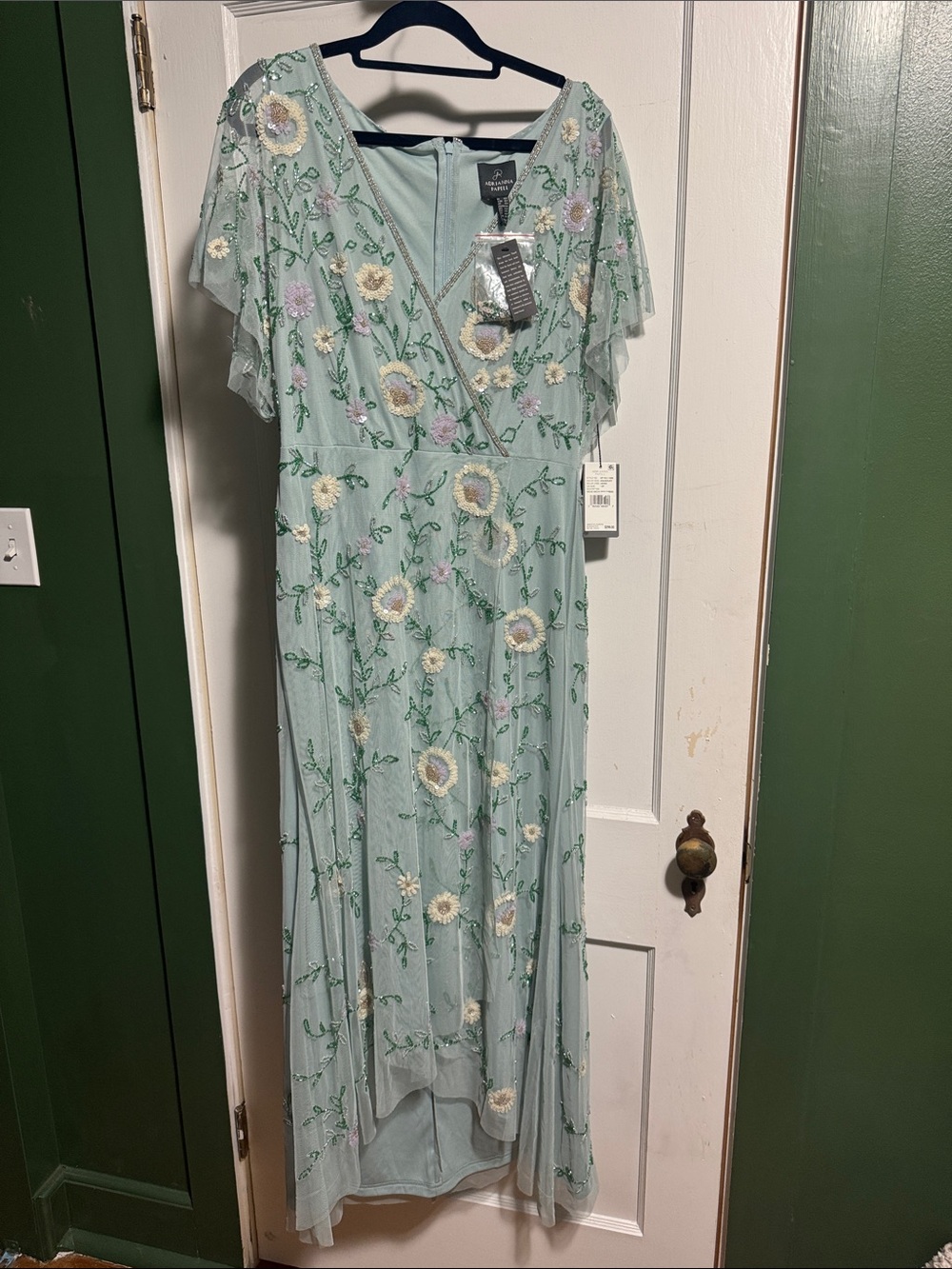 Adrianna Papell Mint Green Embroidered High-Low Maxi Dress